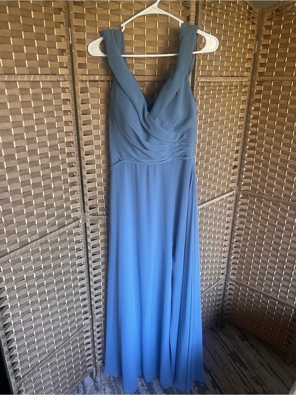 Mori Lee Slate Blue V-Neck Maxi Gown